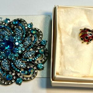 Elegant Blue Crystal Brooch and Ladybug pin